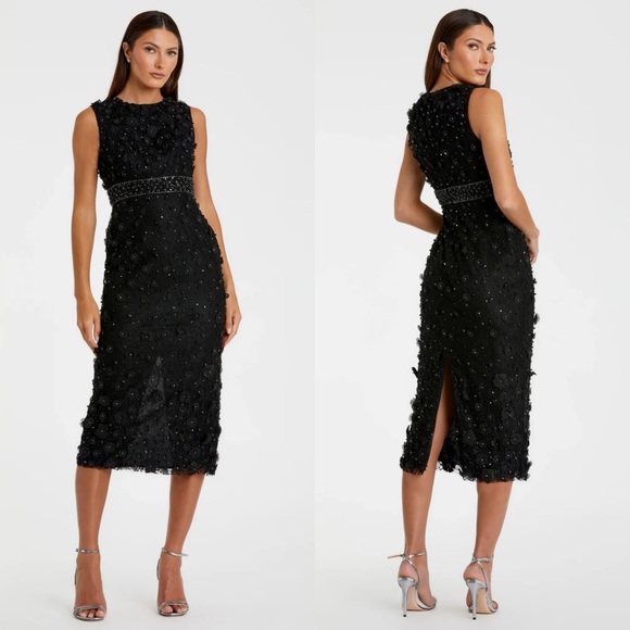 NWT 67843 Mac Duggal Black Floral Applique Sleeveless Midi Dress